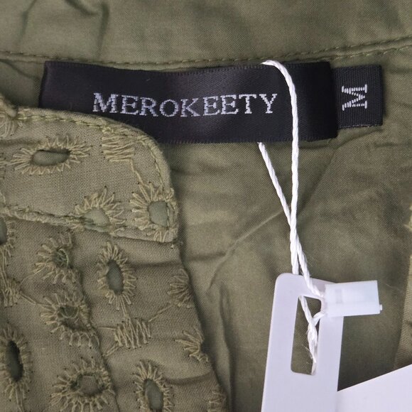 NWT | Olive Green Eyelet Embroidered Lace V-Neck Blouse Puff Sleeve | Medium - Picture 3 of 5